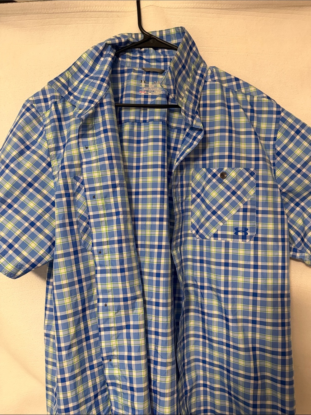 Under Armour Men's Blue and Light Green Plaid Short-Sleeve Button-Down Shirt
